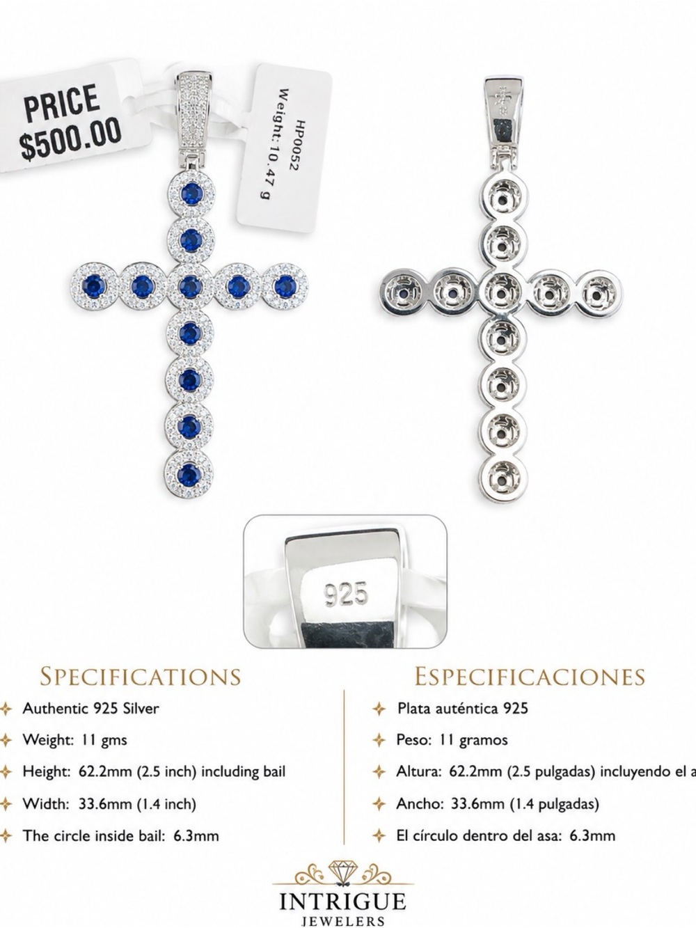 Sterling Silver Blue Sapphire Cross Pendant